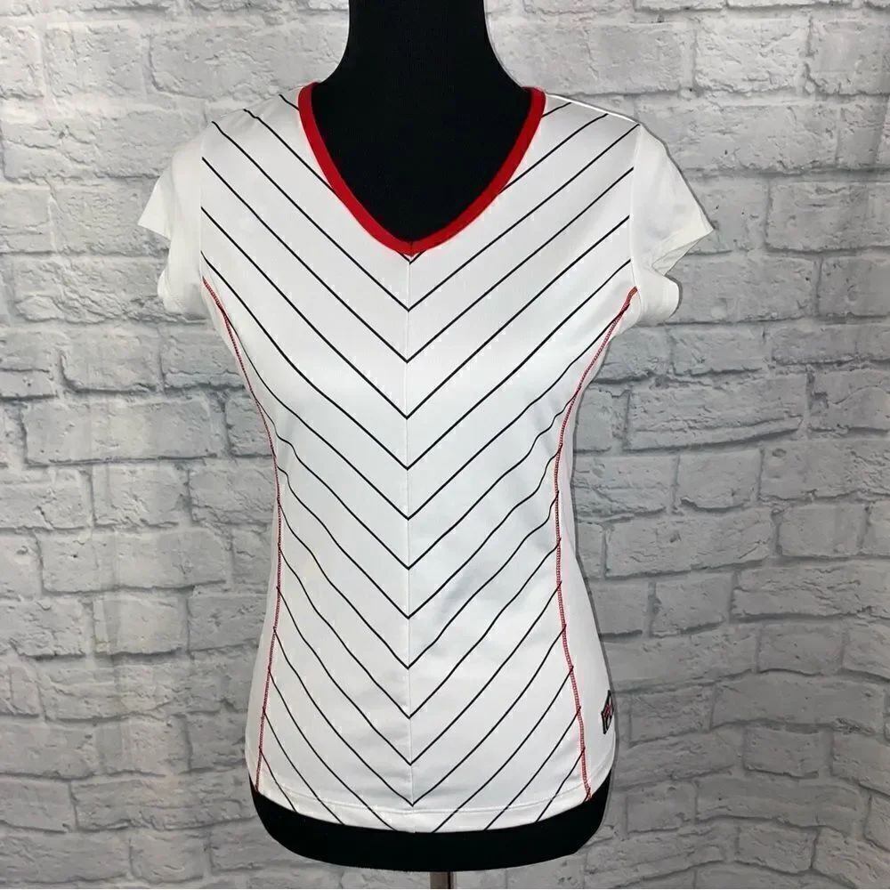 Fila 100 1911-2011 dri fit athletic top white w/black stripes and red trim sz S